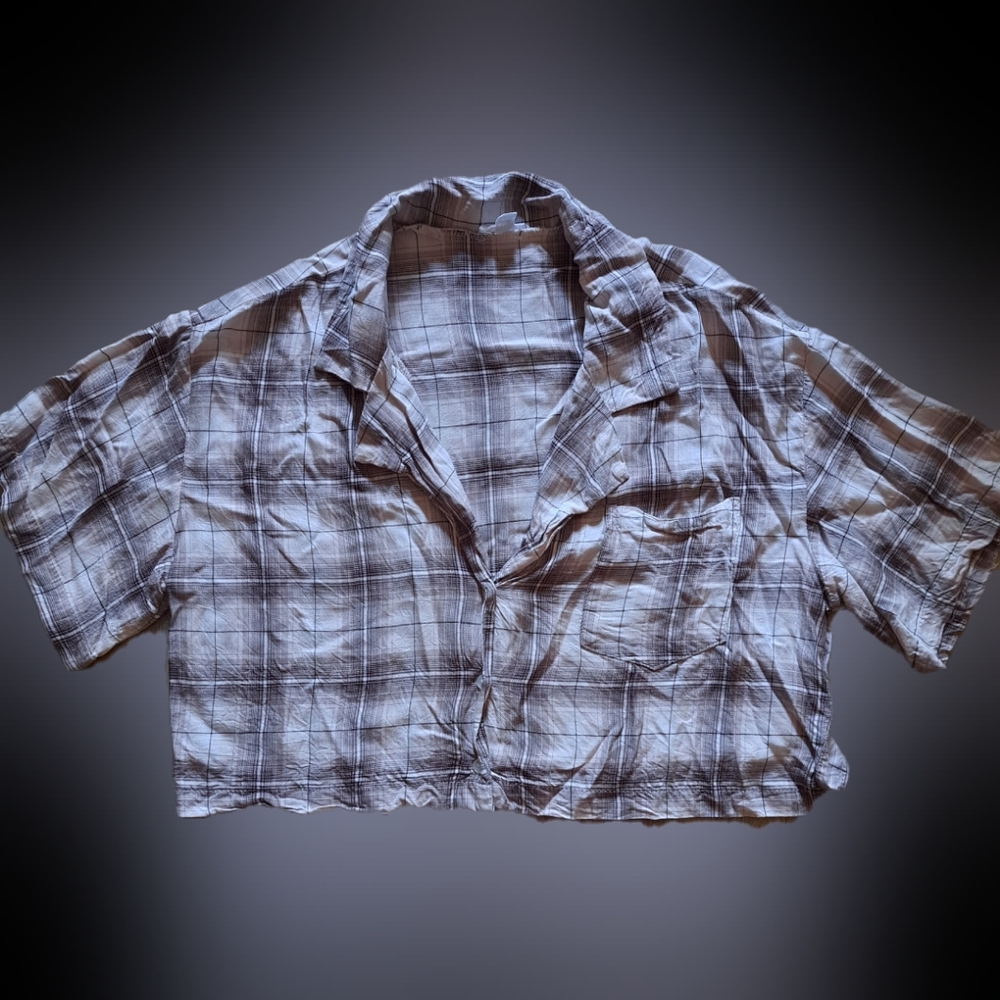 Garage Brown White Plaid Striped V-neck Crop Top Women's Size Tall Petite XS